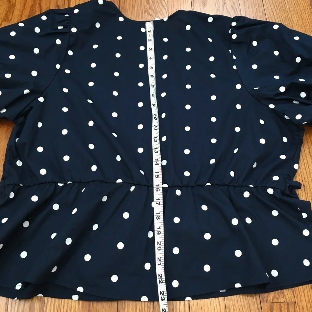 Old Navy Navy White Dots Waist Defined Puff Short Sleeve Tie-Wrap Blouse